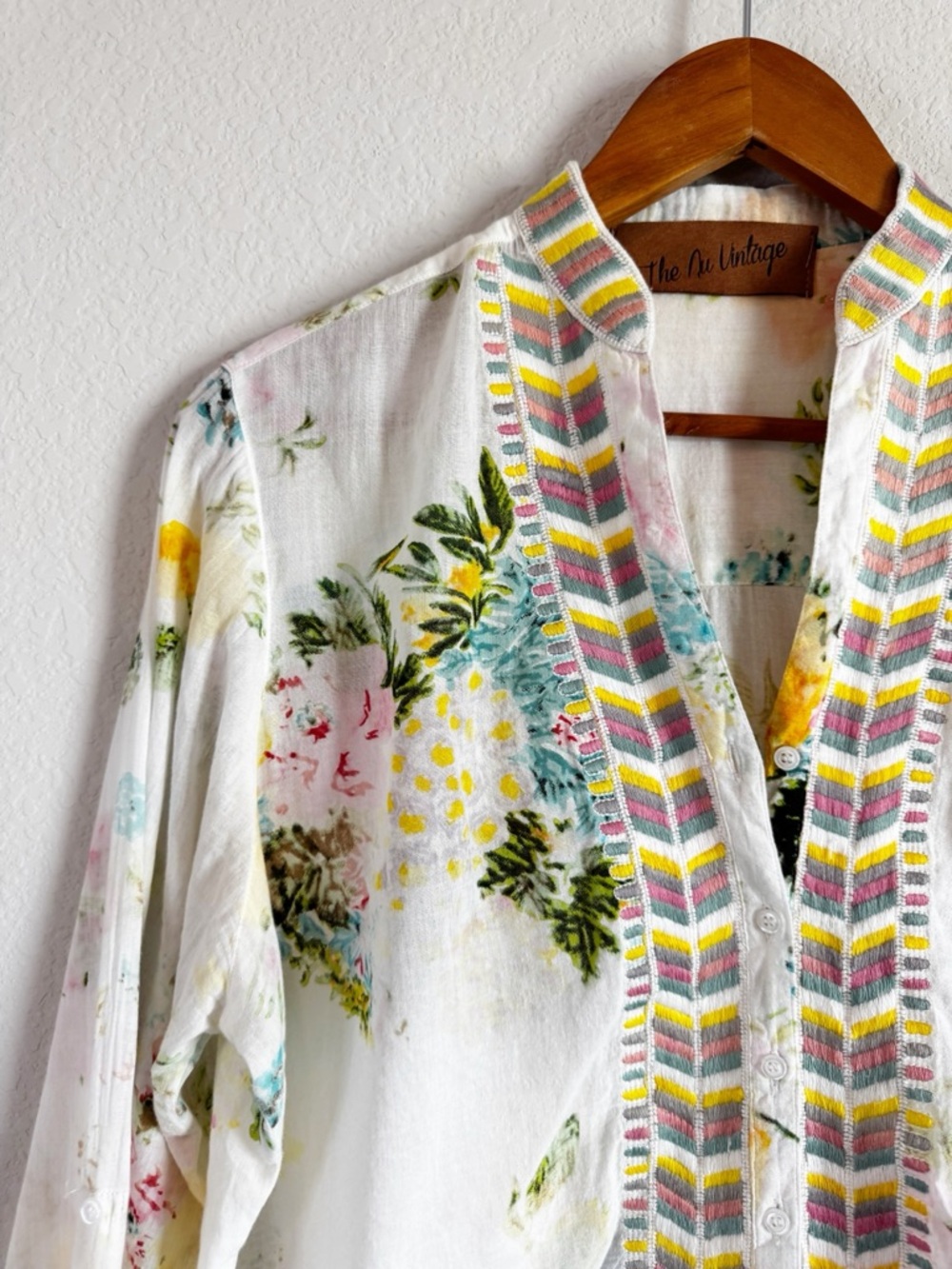 The Nu Vintage Floral Print Embroidered Boho Romantic Delicate Button Down Top L - Picture 3 of 9